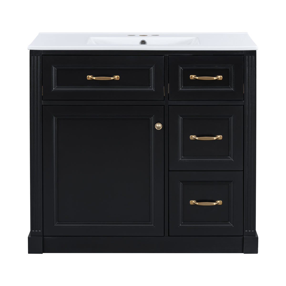 36" Black Bathroom Vanity with Sink, 4 Drawers & Black Knobs