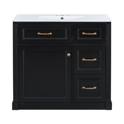 36" Black Bathroom Vanity with Sink, 4 Drawers & Black Knobs