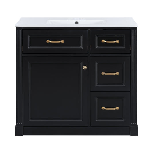 36" Black Bathroom Vanity with Sink, 4 Drawers & Black Knobs