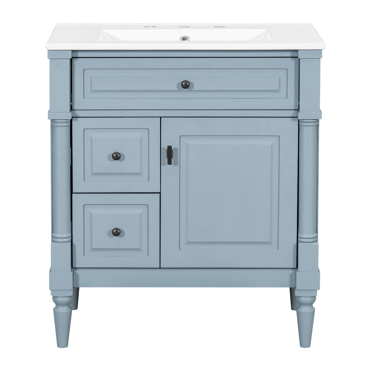 30" Blue Gray Bathroom Vanity with Sink, 3 Drawers & Turned Legs
