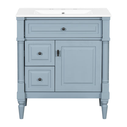 30" Blue Gray Bathroom Vanity with Sink, 3 Drawers & Turned Legs