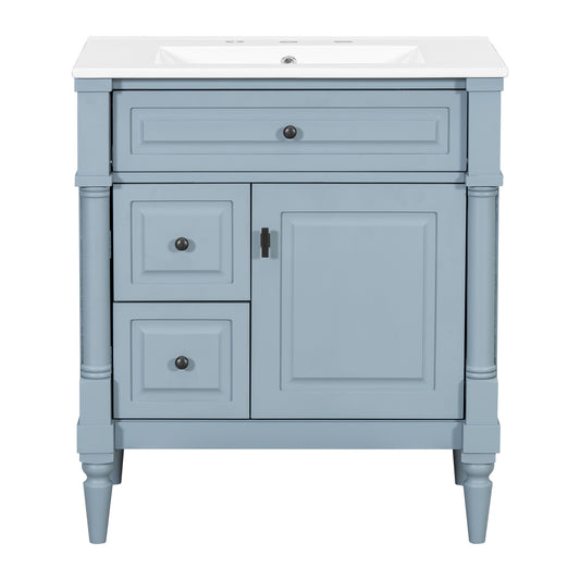 30" Blue Gray Bathroom Vanity with Sink, 3 Drawers & Turned Legs