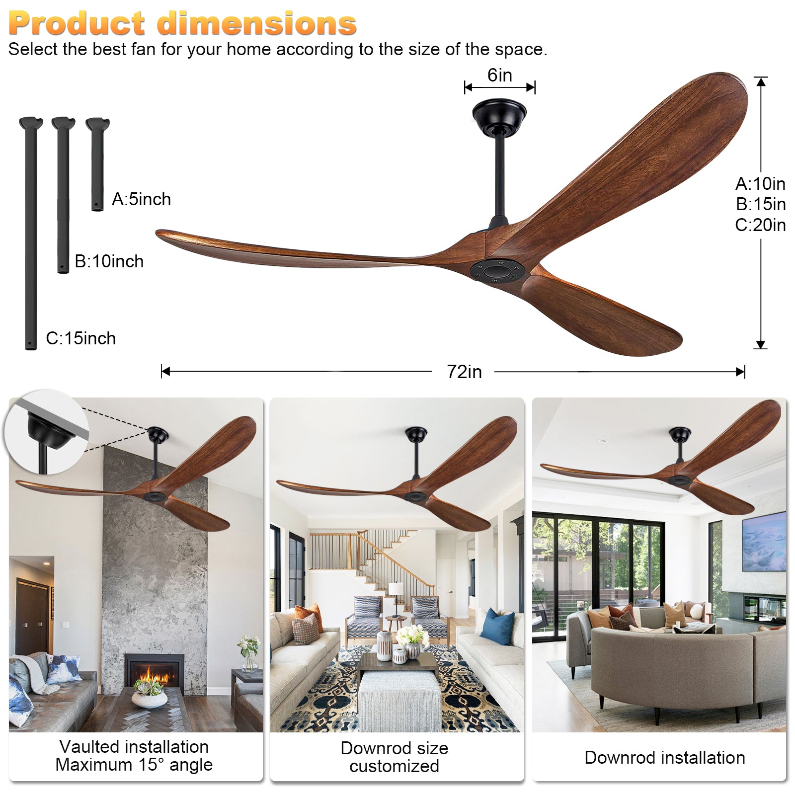 72" Walnut Solid Wood Ceiling Fan with Remote - view 19
