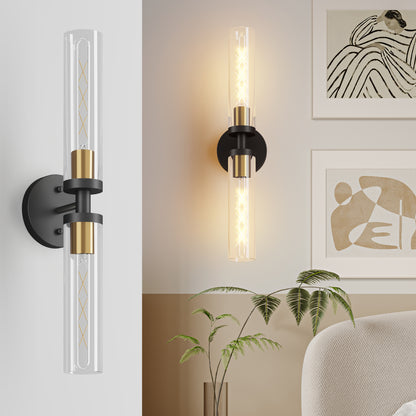 Black & Gold Wall Sconce with Clear Glass, Set of 2