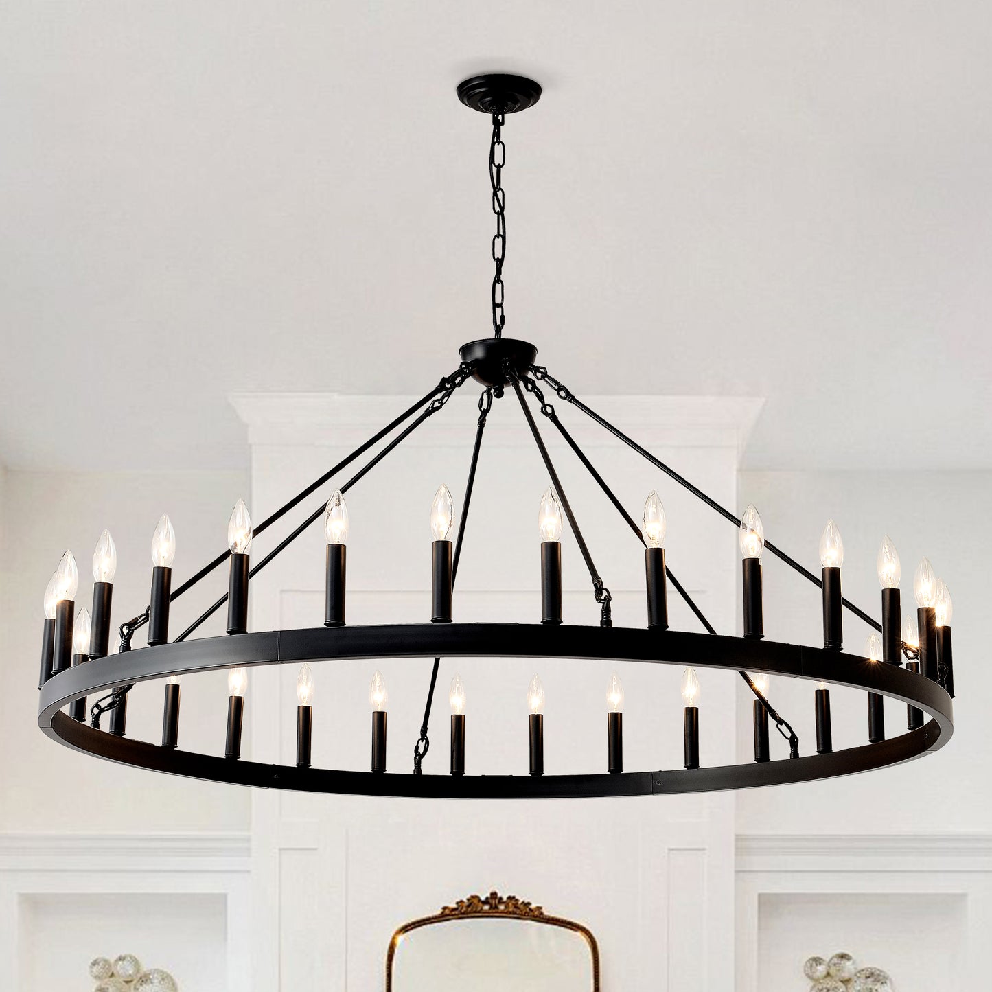 53.15" Matte Black Wagon Wheel Chandelier, 30-Light