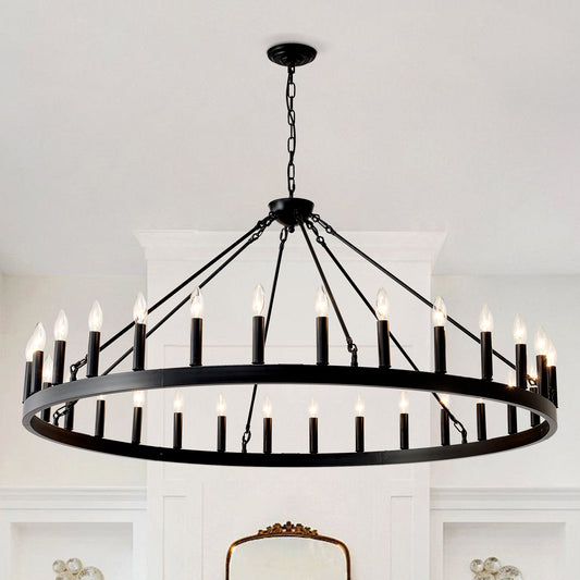 53.15" Matte Black Wagon Wheel Chandelier, 30-Light