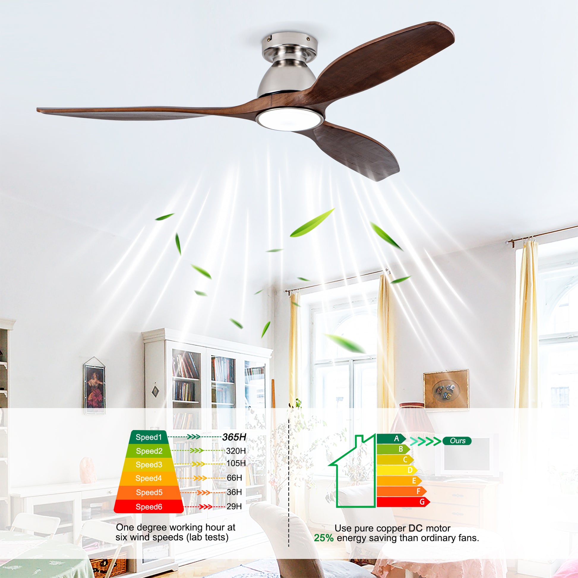 52" Walnut Solid Wood Flush Mount Ceiling Fan - view 12
