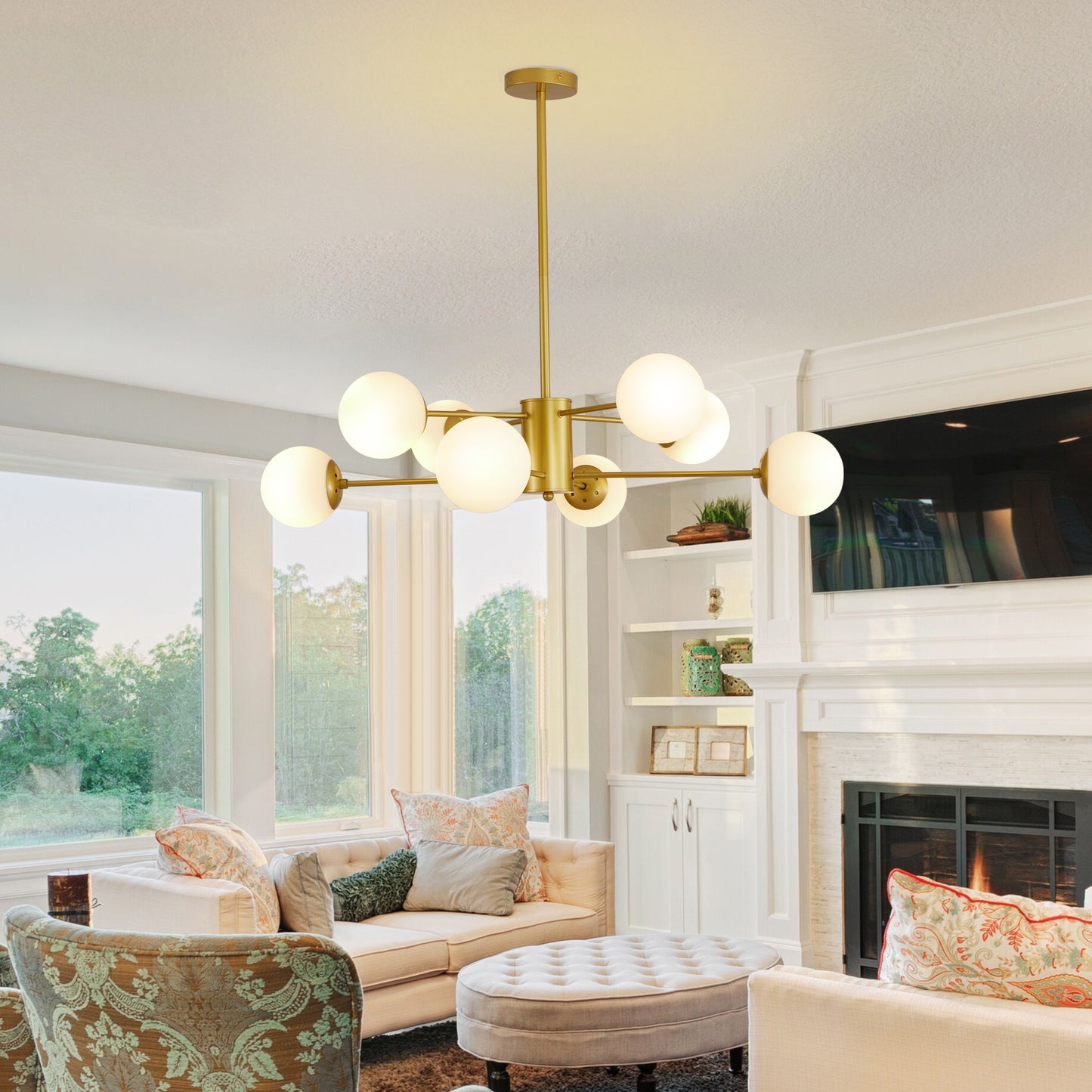 35" 8-Light Gold Mid-Century Chandelier with Glass Globes - view 2