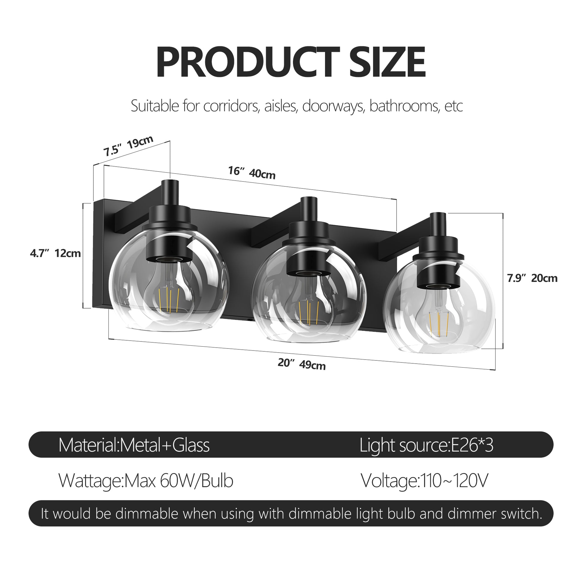 3-Light Matte Black Vanity Light with Clear Glass - view 8