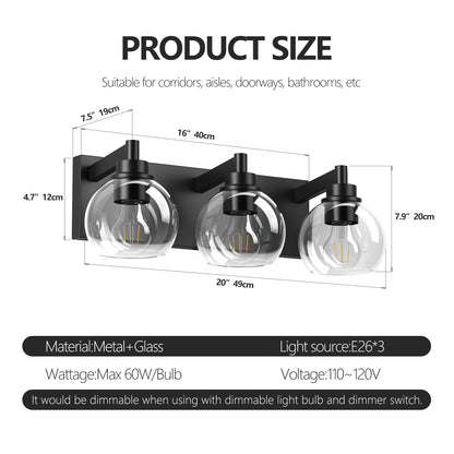 3-Light Matte Black Vanity Light with Clear Glass - view 8