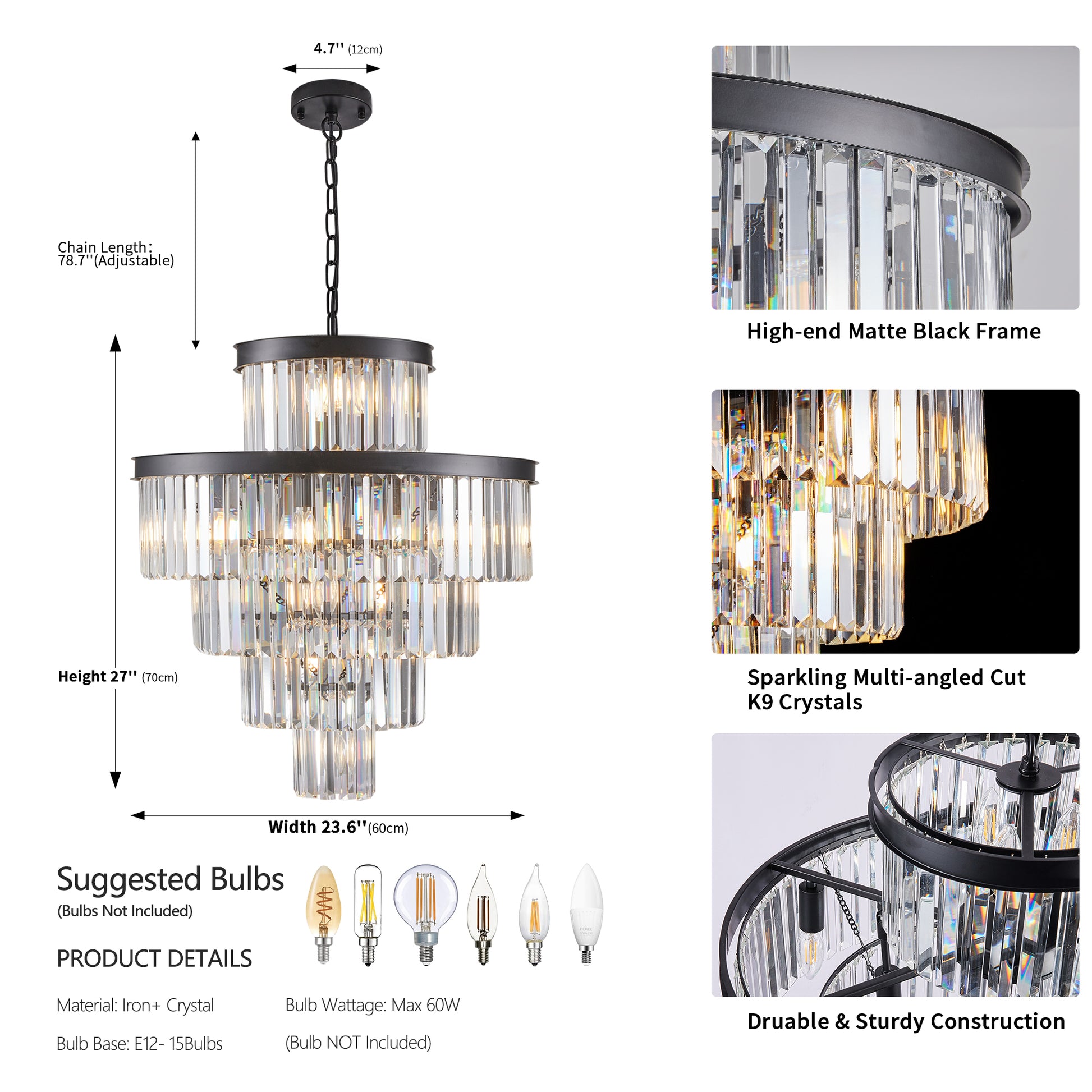 24" 5-Tier Black Crystal Chandelier, 15-Light - view 8