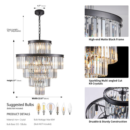 24" 5-Tier Black Crystal Chandelier, 15-Light - view 8