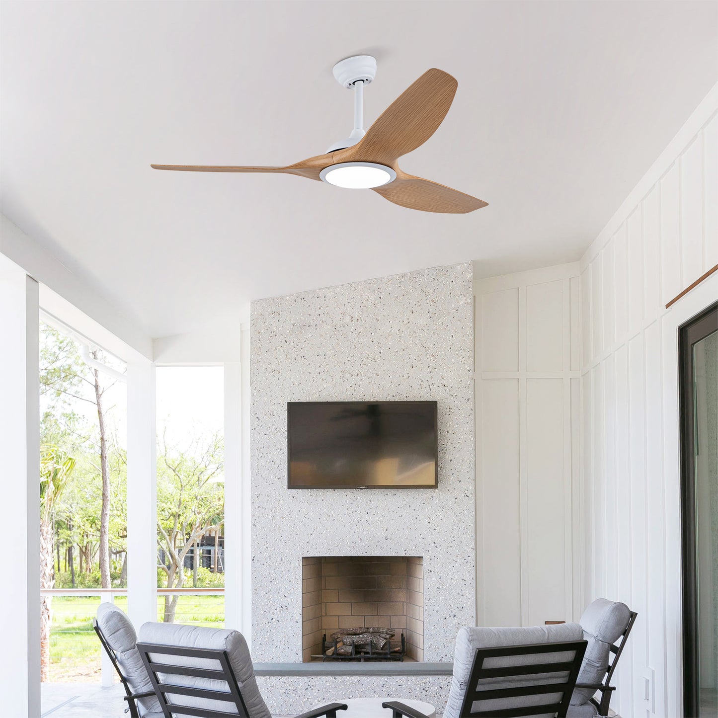 52" Matte White & Natural Wood Ceiling Fan with Remote - view 6