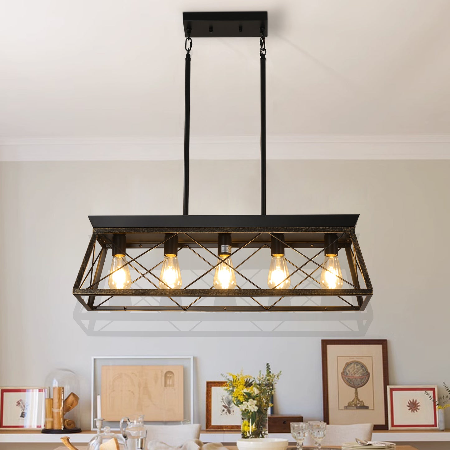 32" 5-Light Black & Gold Industrial Caged Chandelier - view 5