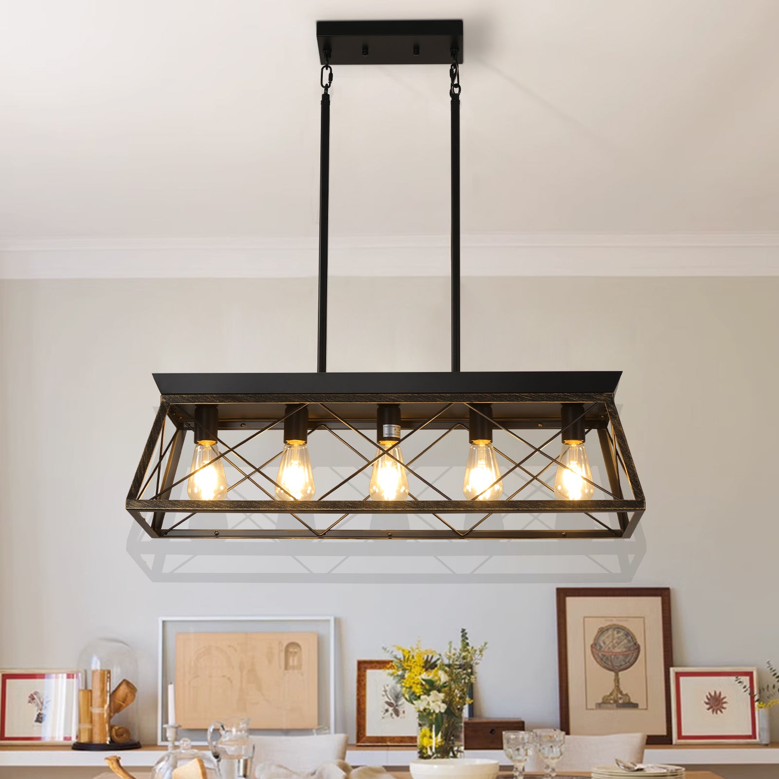 32" 5-Light Black & Gold Industrial Caged Chandelier - view 5