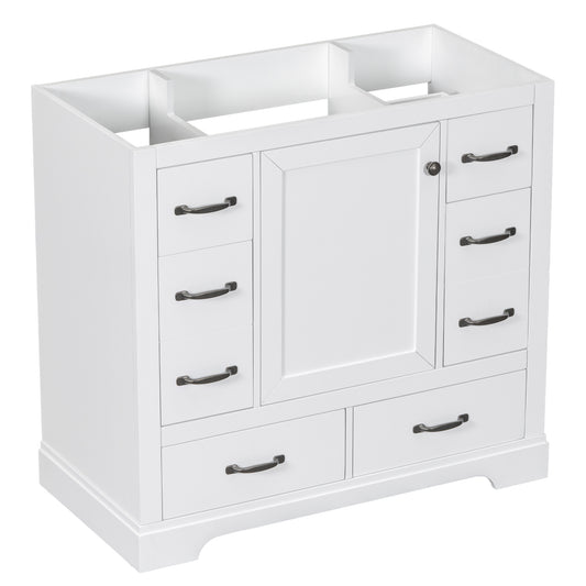 36" White Bathroom Vanity Base Only with 6 Drawers