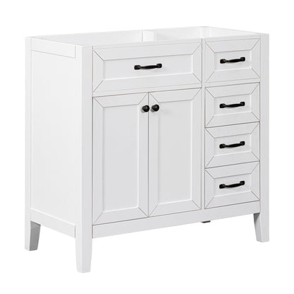 36" White Bathroom Vanity Base Only with 2 Doors and 3 Drawers