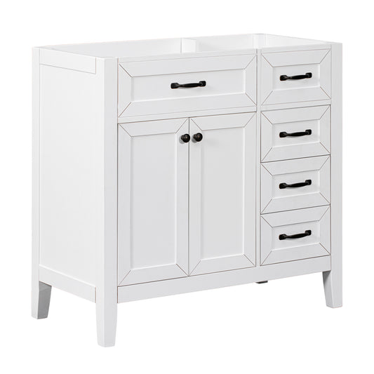 36" White Bathroom Vanity Base Only with 2 Doors and 3 Drawers