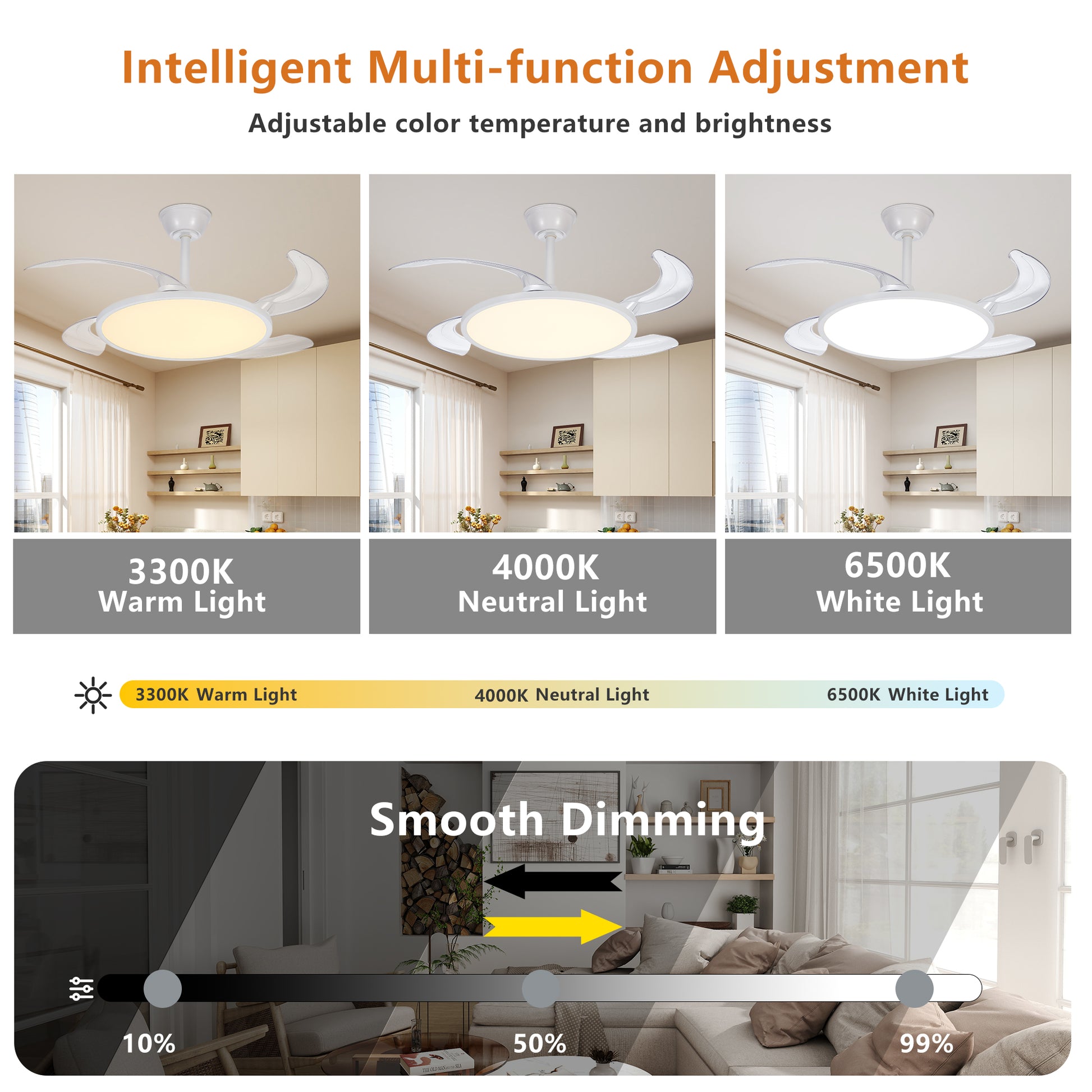42" White Retractable Flush Mount Ceiling Fan with Remote - view 7