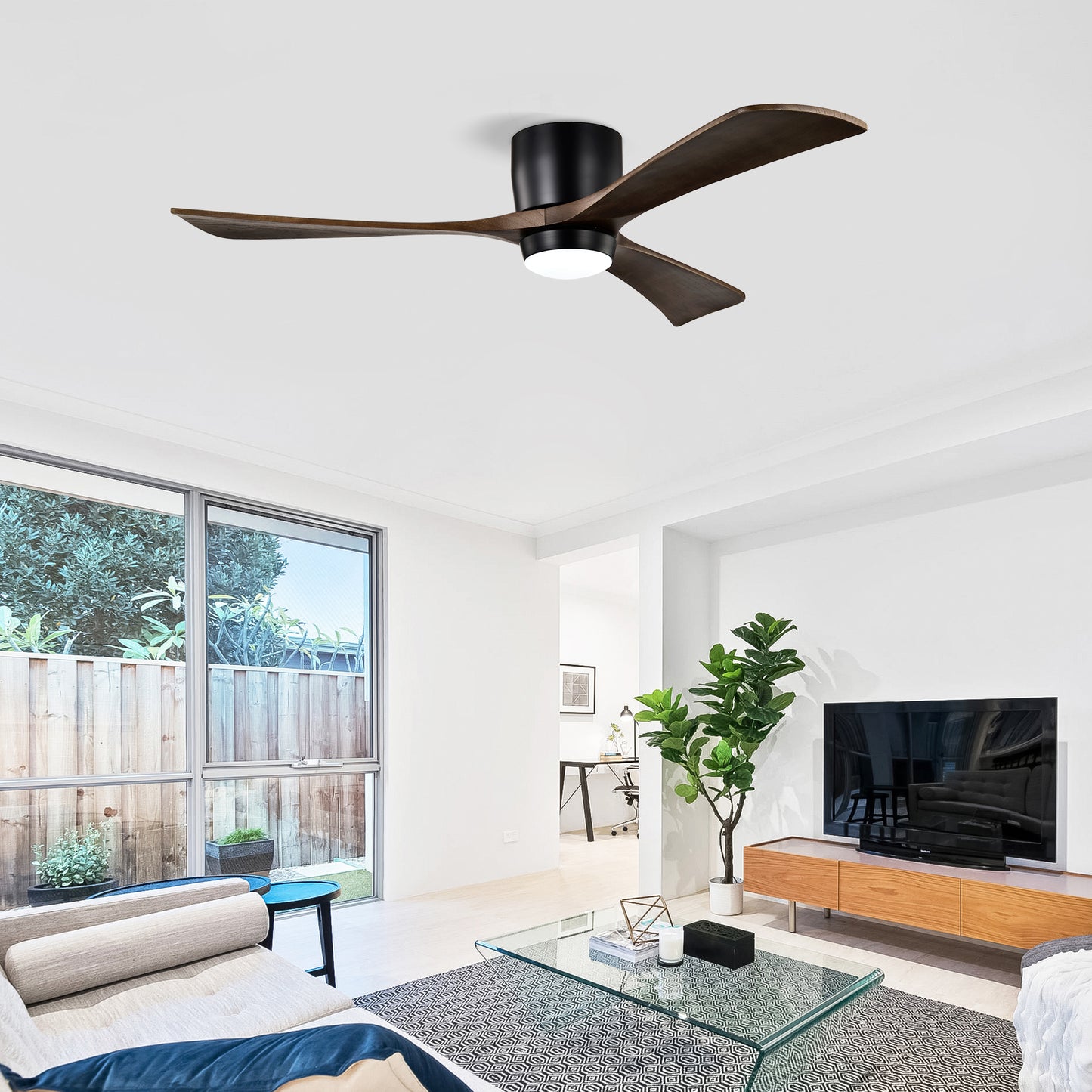 52" Matte Black Flush Mount Wood Ceiling Fan with Remote - view 20
