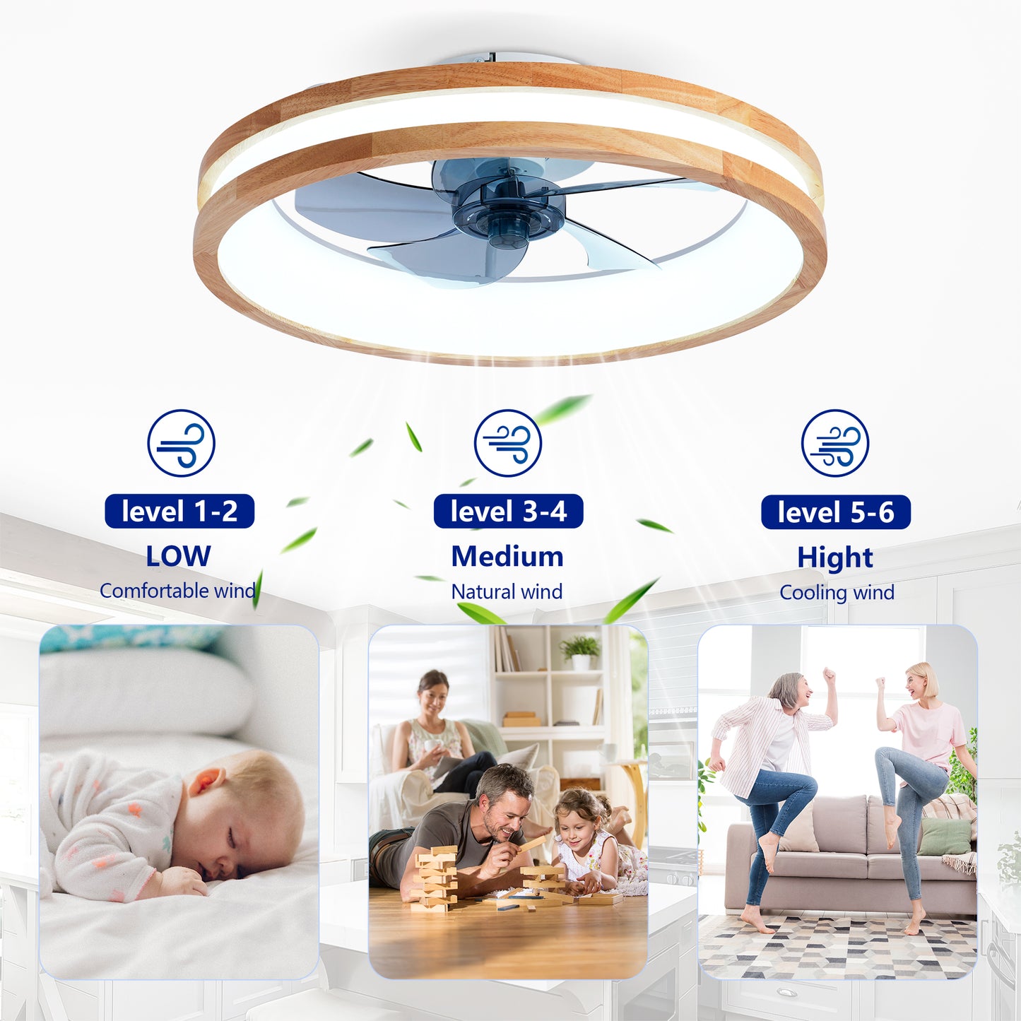 Natural Wood & White Flush Mount Ceiling Fan with Dimmable LED - view 14