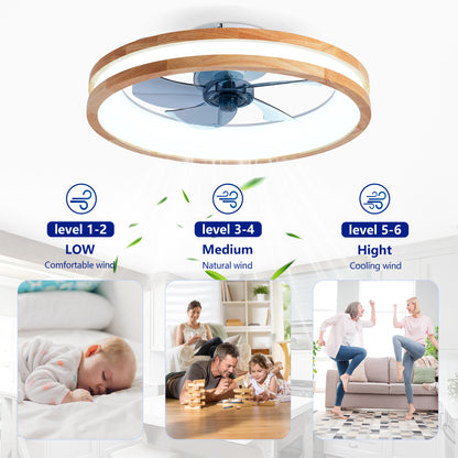 Natural Wood & White Flush Mount Ceiling Fan with Dimmable LED - view 14