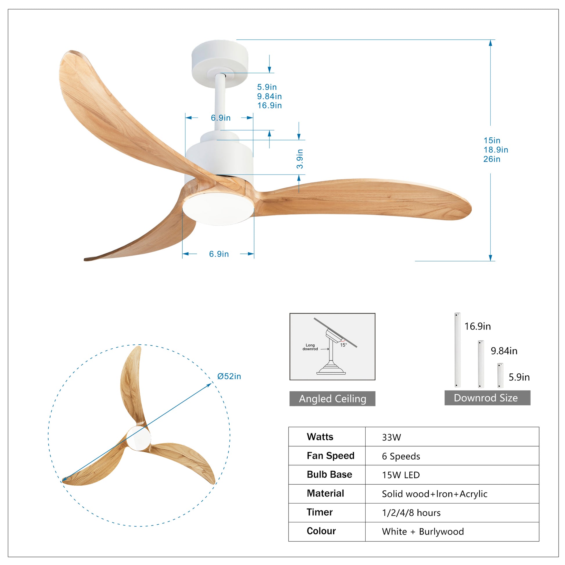 52" White & Natural Wood Ceiling Fan with Dimmable LED - view 7