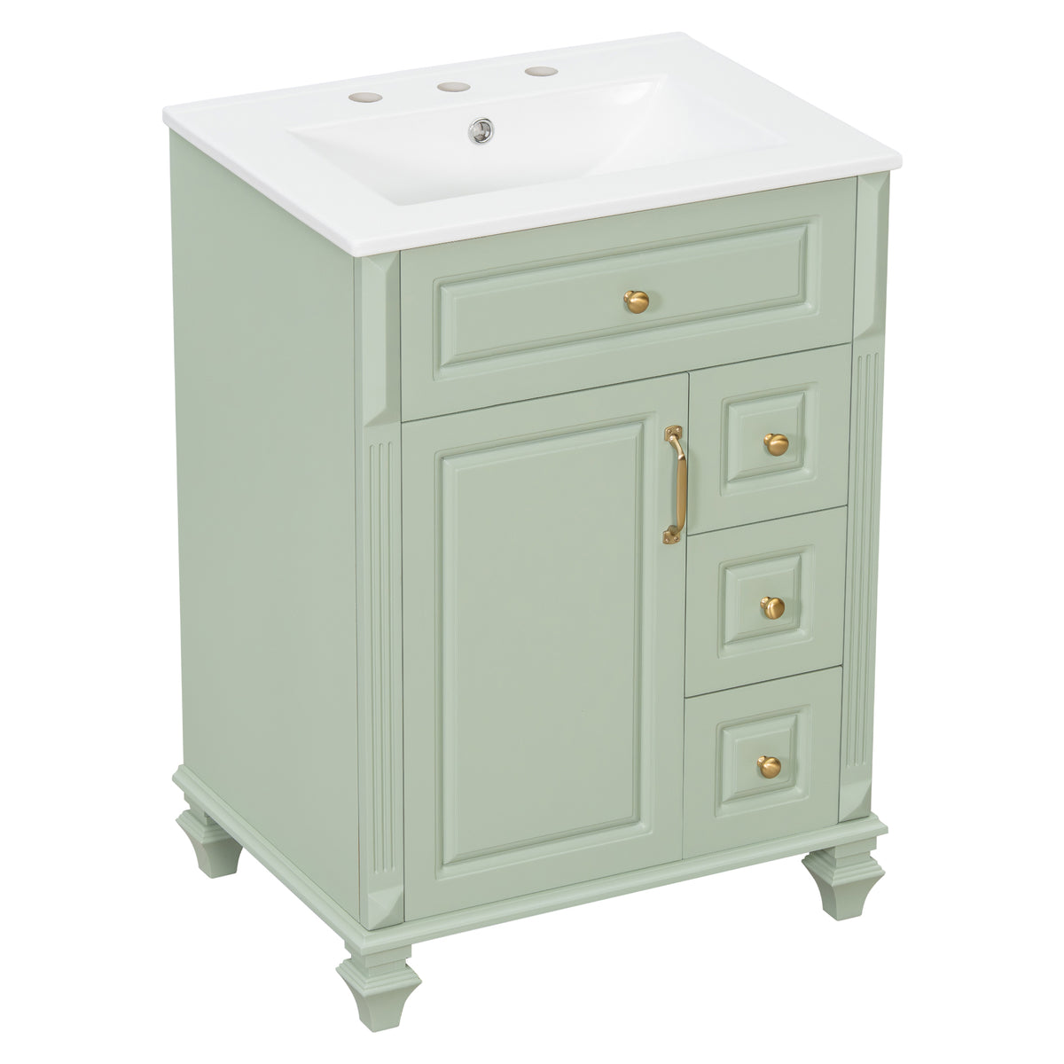 24" Green Bathroom Vanity with Sink, Flip-Out Drawer & 3 Drawers