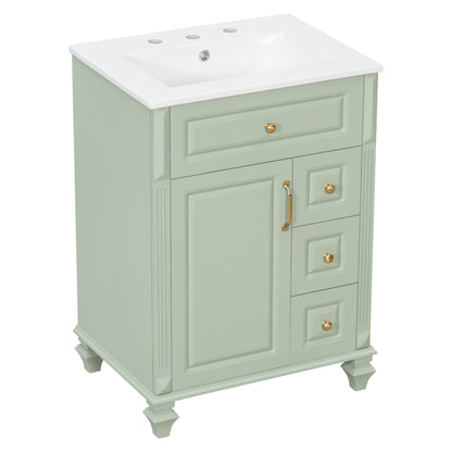 24" Green Bathroom Vanity with Sink, Flip-Out Drawer & 3 Drawers