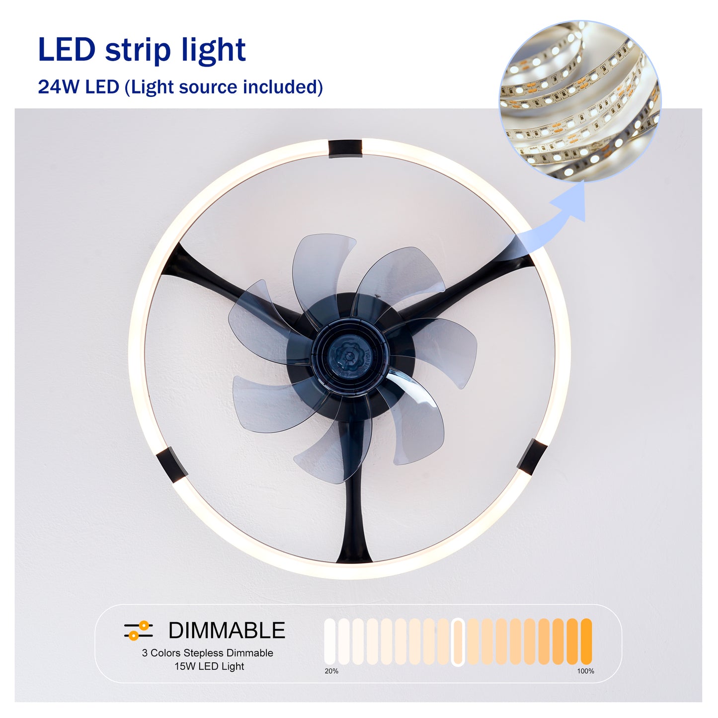 20" Matte Black Flush Mount Ceiling Fan with Dimmable LED - view 8