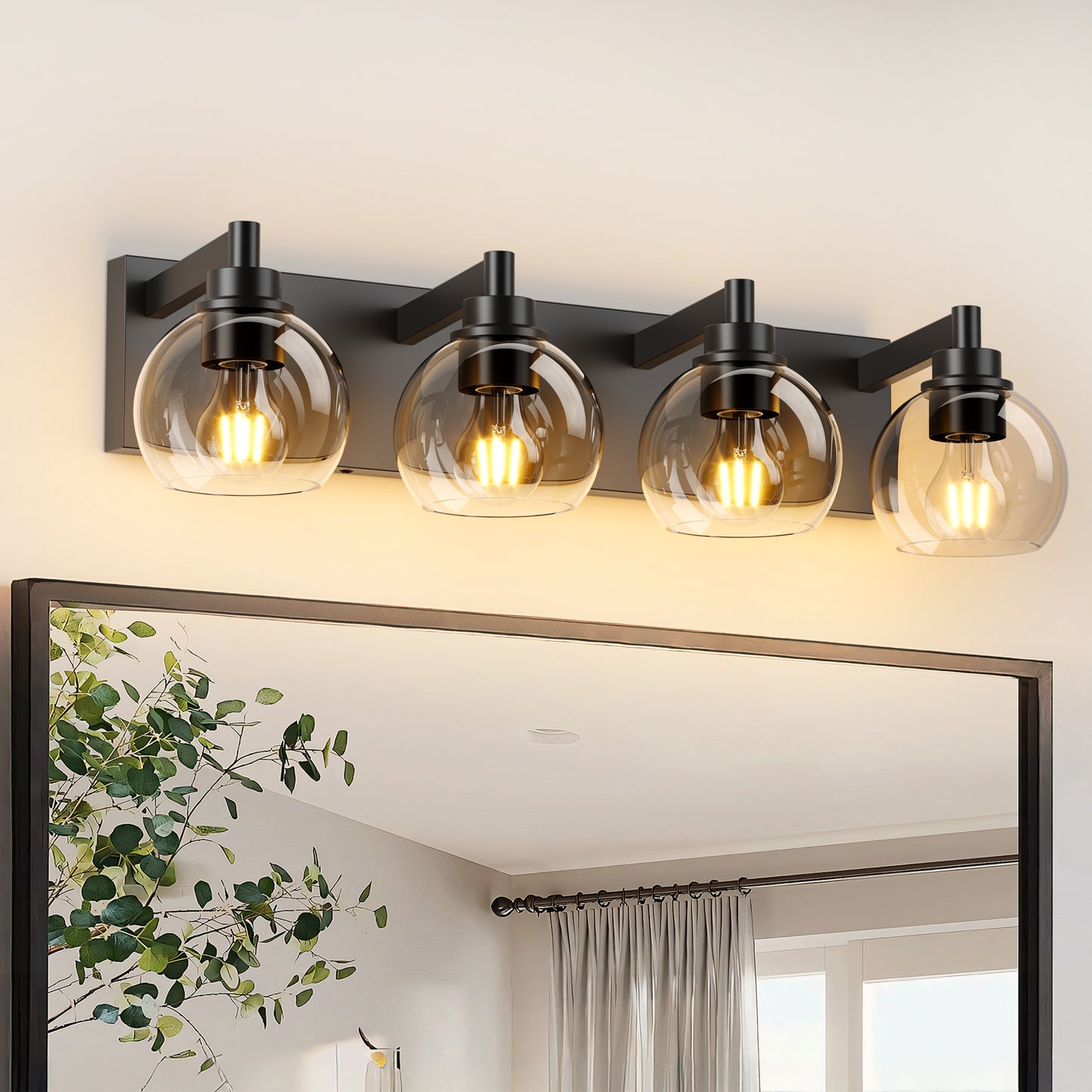 4-Light Matte Black Industrial Vanity Light with Globe Glass