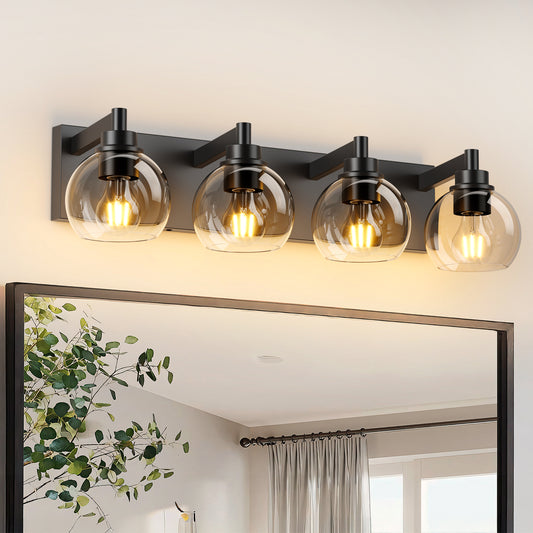 4-Light Matte Black Industrial Vanity Light with Globe Glass