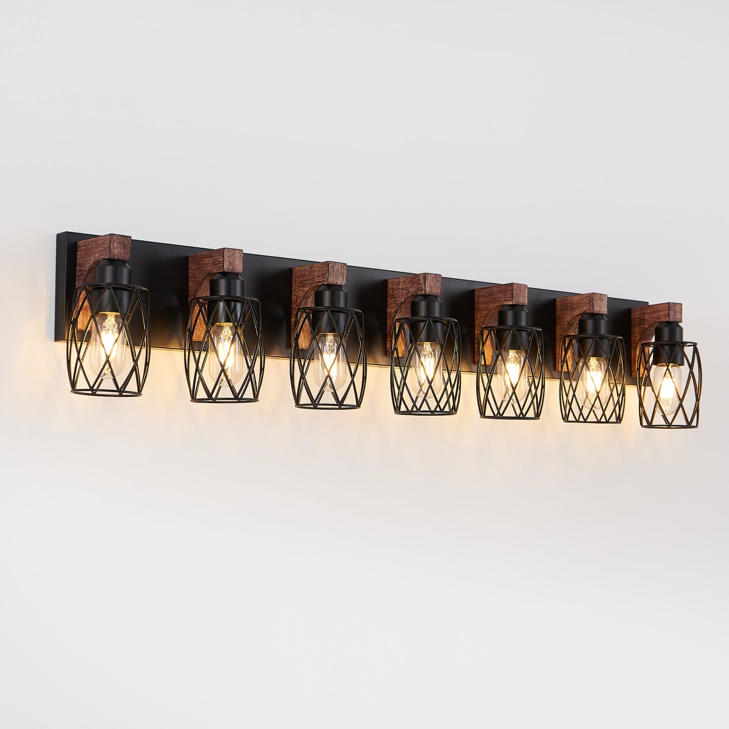 7-Light Black Caged Industrial Wall Light with Wood Accents - view 10