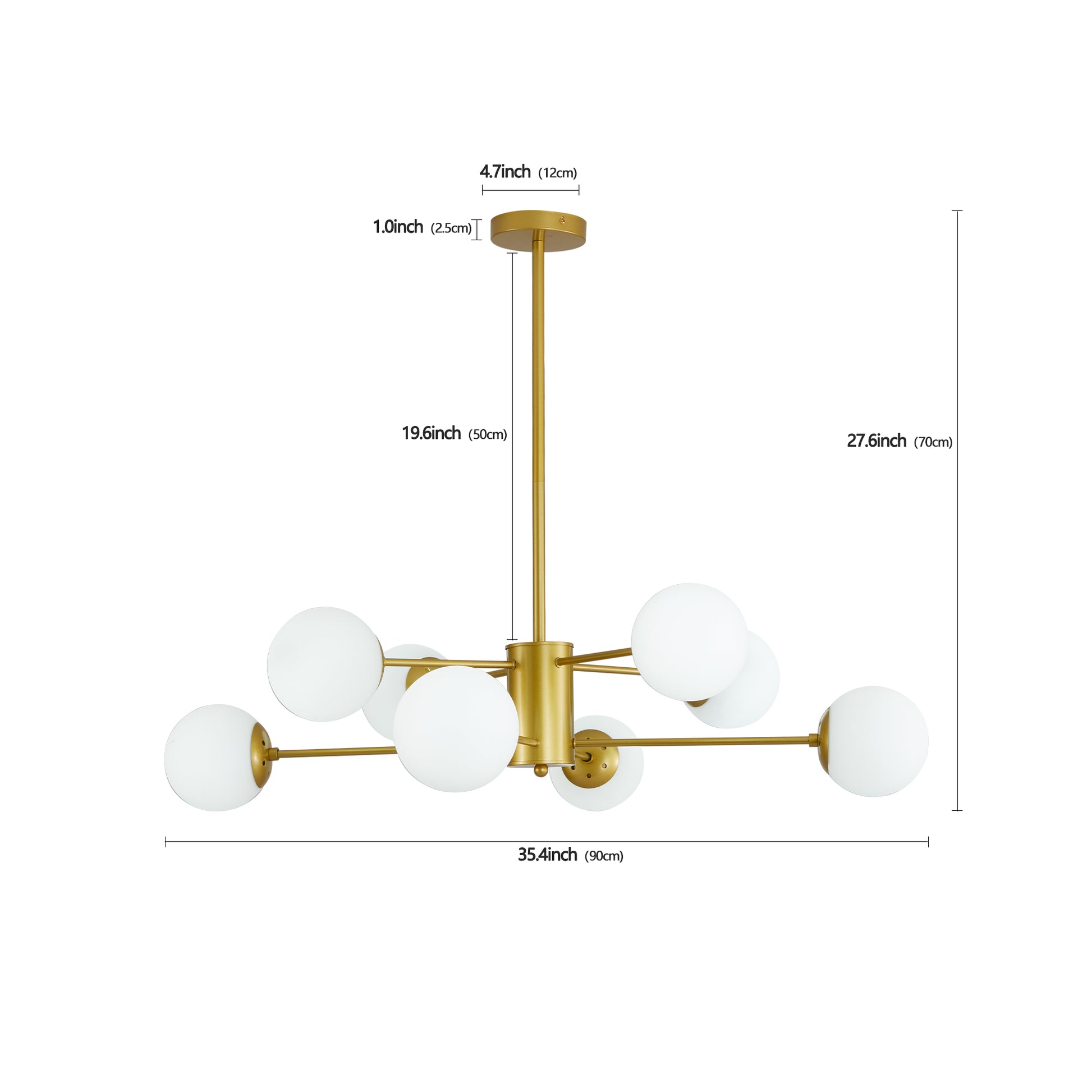 35" 8-Light Gold Mid-Century Chandelier with Glass Globes - view 9