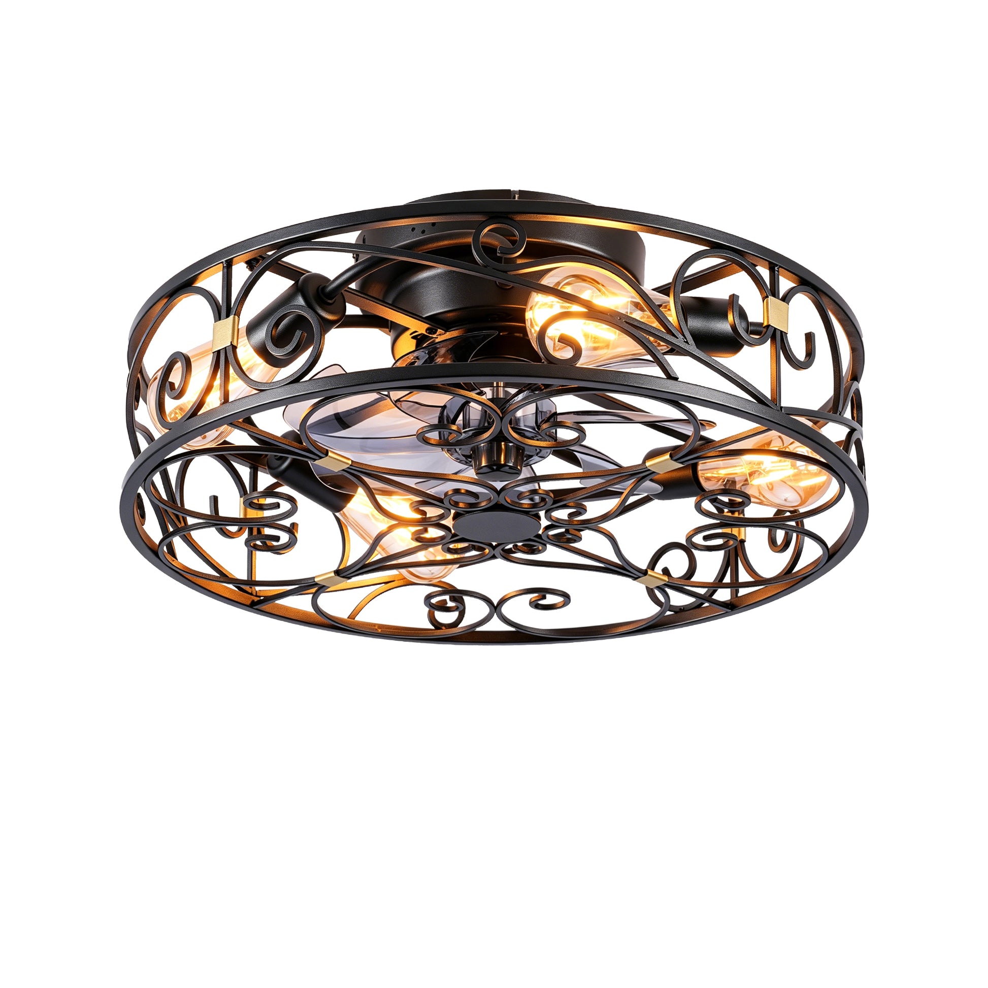 20" Matte Black Flush Mount Caged Ceiling Fan with Remote - view 18
