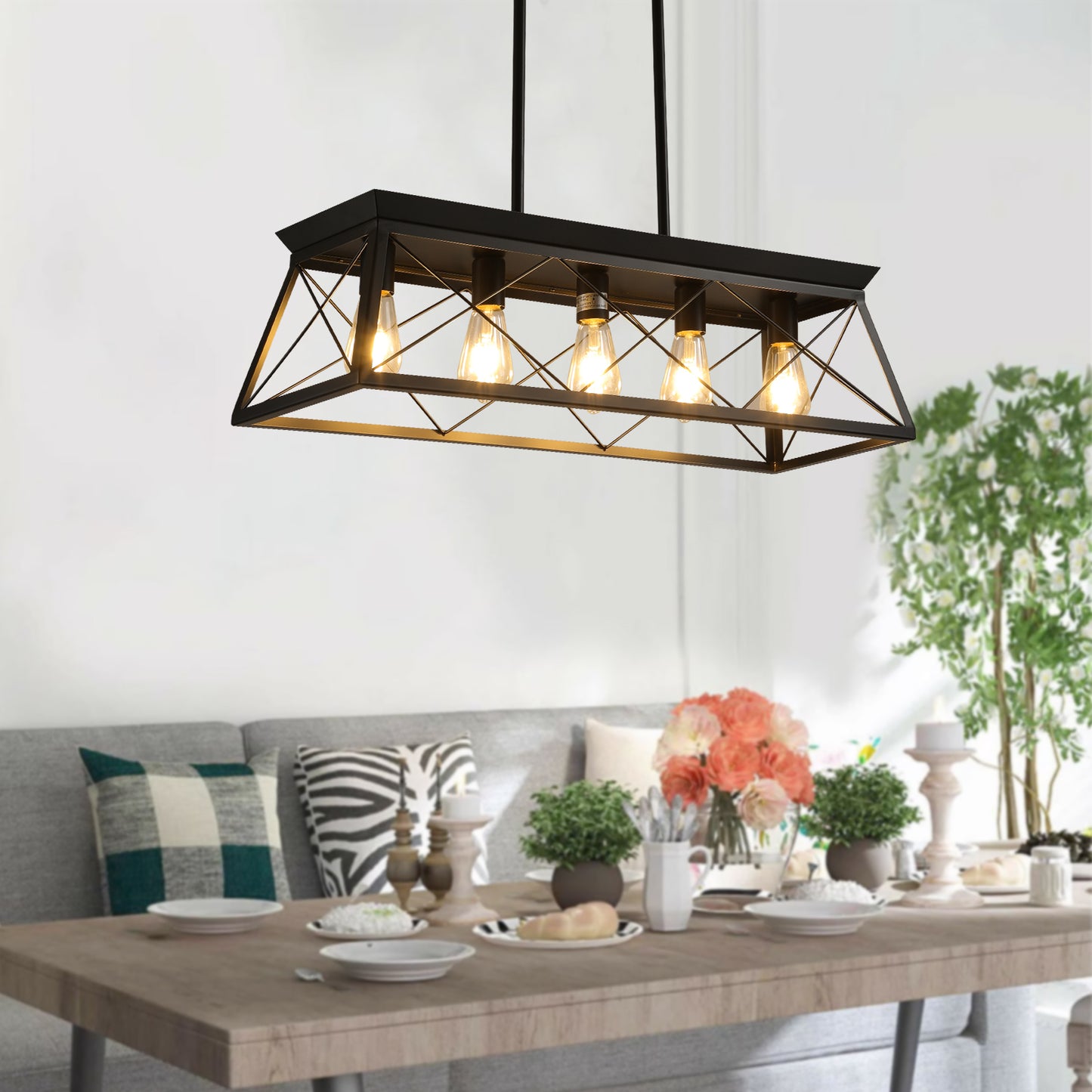 32" 5-Light Black Caged Industrial Chandelier - view 5