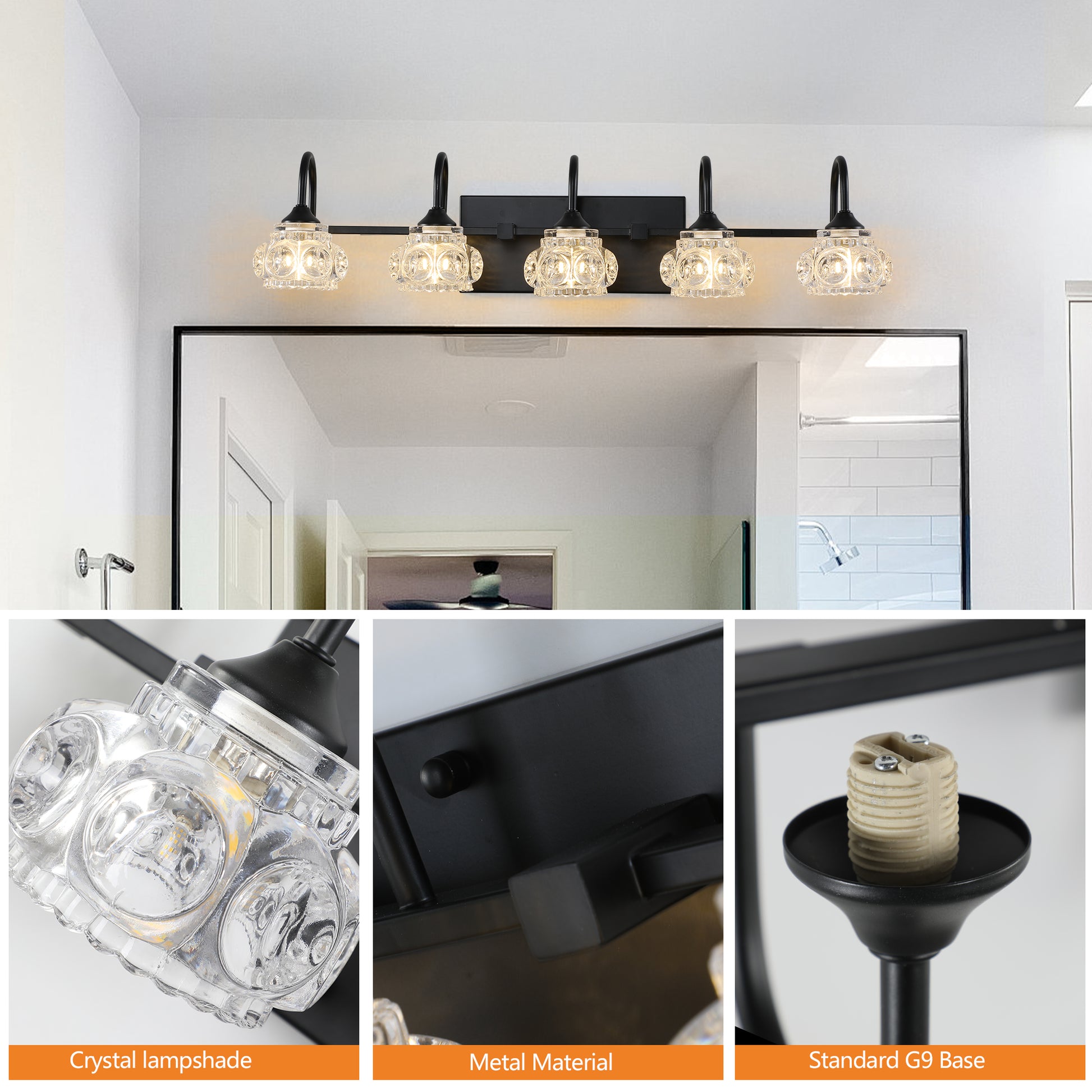 29" Retro 5-Light Black Crystal Vanity Wall Light - view 5