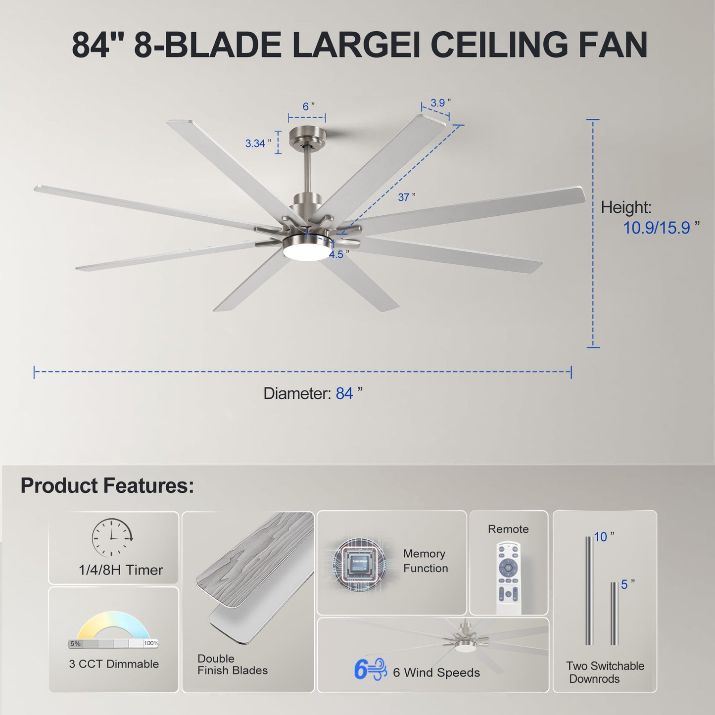 84" Nickel 8-Blade Ceiling Fan with Dimmable LED - view 7
