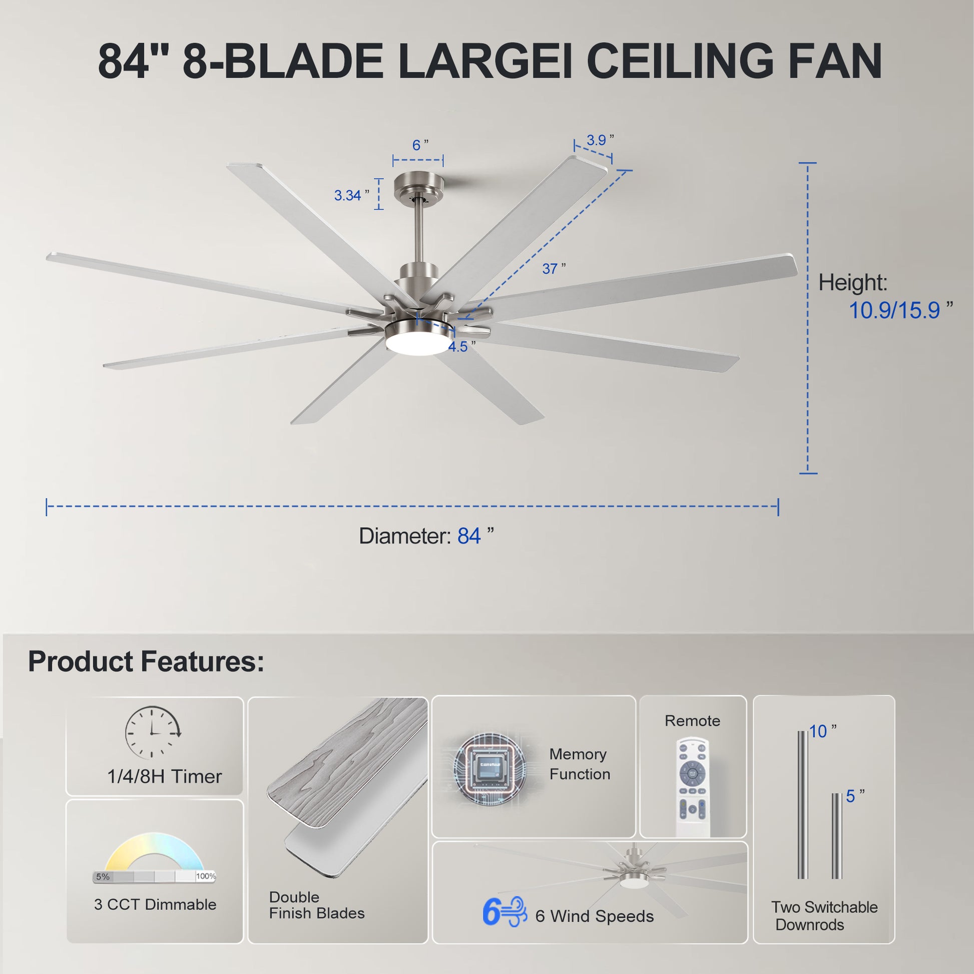 84" Nickel 8-Blade Ceiling Fan with Dimmable LED - view 7