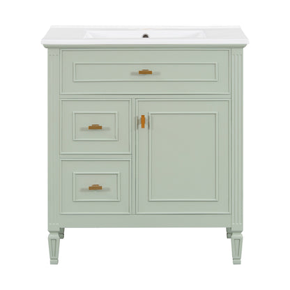 30" Green Bathroom Vanity with Sink, 3 Drawers & Gold Handles