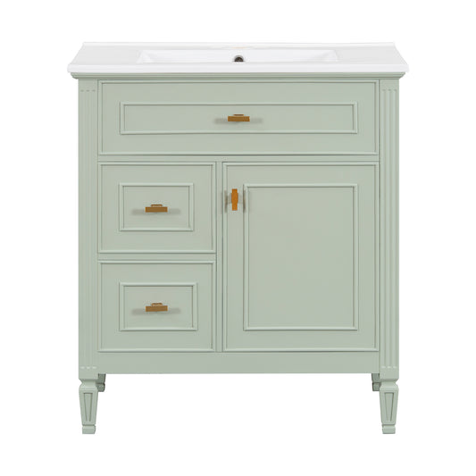 30" Green Bathroom Vanity with Sink, 3 Drawers & Gold Handles