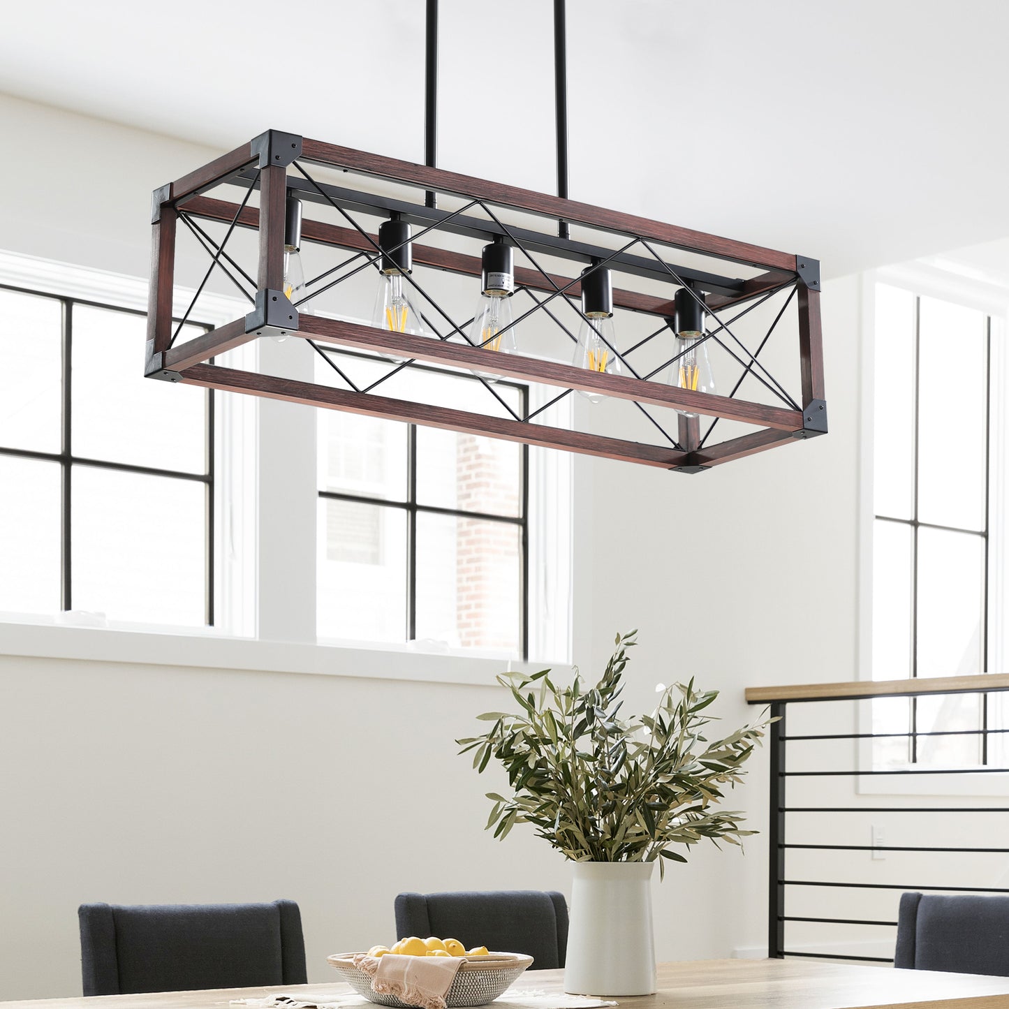 32" 5-Light Red Wood Farmhouse Rectangle Chandelier - view 3