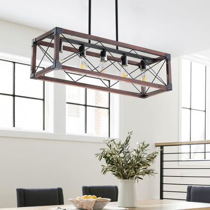 32" 5-Light Red Wood Farmhouse Rectangle Chandelier - view 3