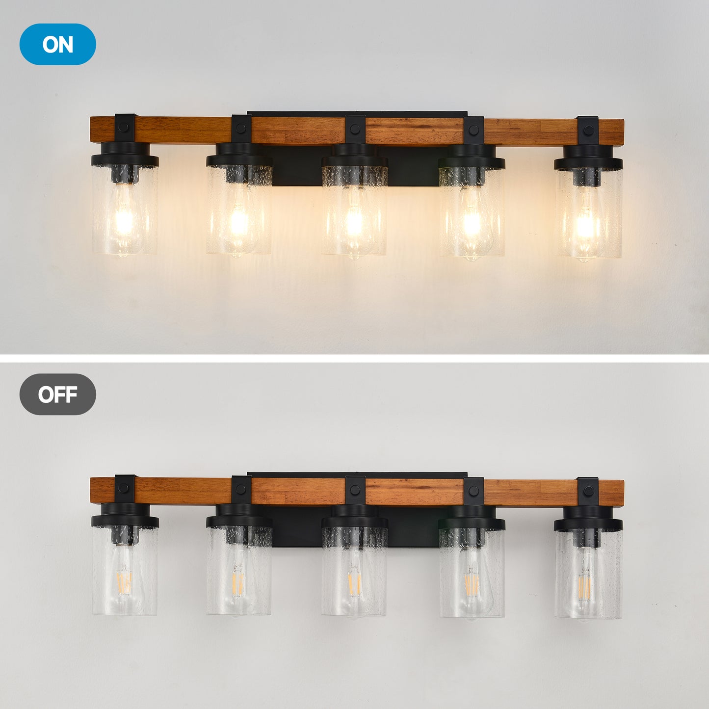 5-Light Matte Black & Wood Wall Light with Glass Shades - view 7