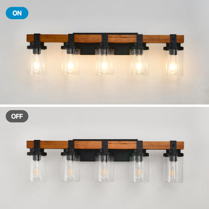 5-Light Matte Black & Wood Wall Light with Glass Shades - view 7