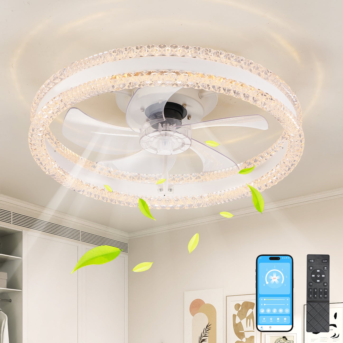 20" White Double Ring Ceiling Fan with Dimmable LED