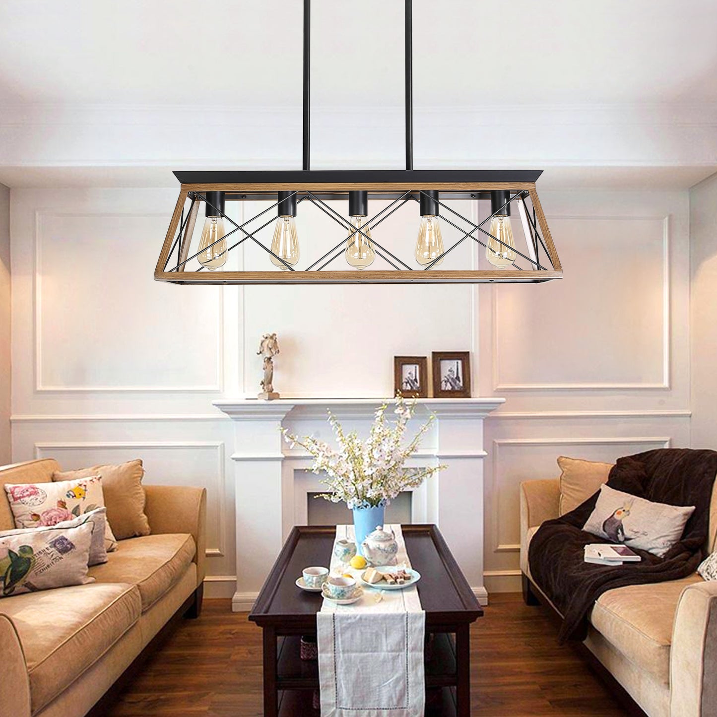 32" 5-Light Walnut Caged Industrial Chandelier - view 4