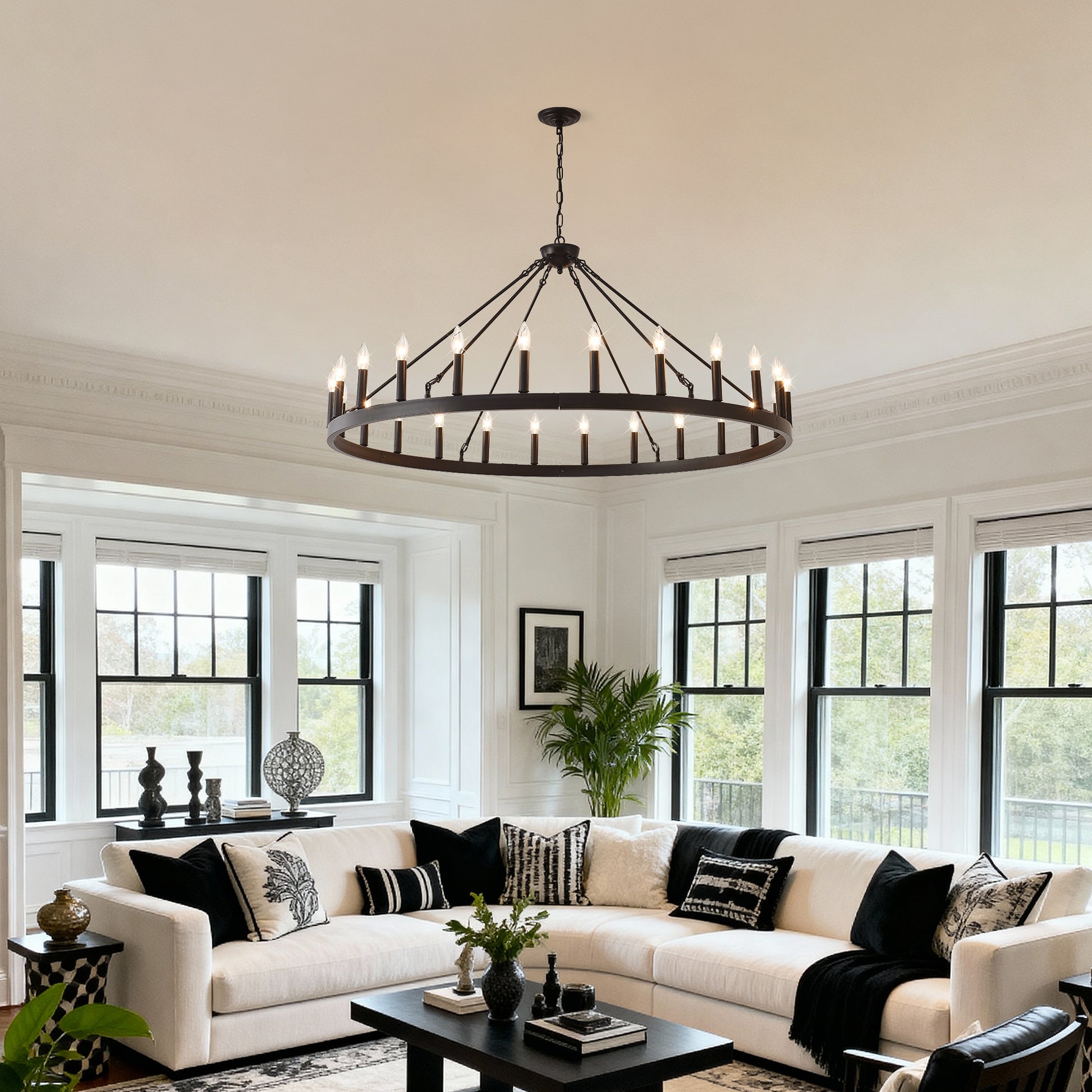 53" Matte Black Wagon Wheel Chandelier, 24-Light - view 2