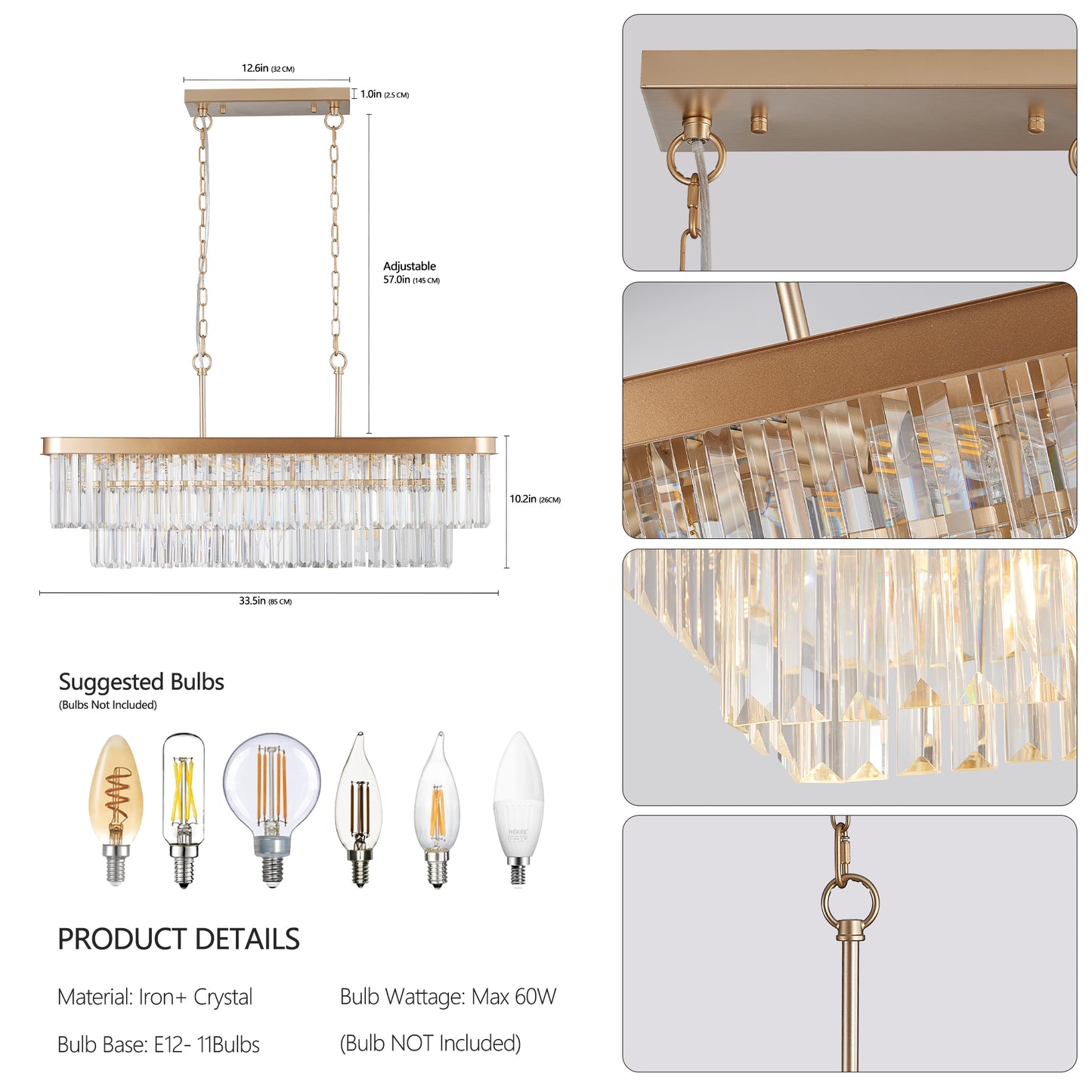 Gold Rectangular Crystal Farmhouse Chandelier - view 8
