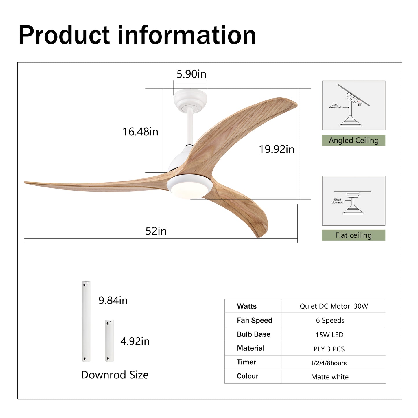 52" Matte White Solid Wood Ceiling Fan with Remote - view 6